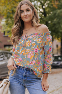 Blue Frilled Off Shoulder Floral Blouse | Tops/Blouses & Shirts