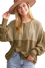 Load image into Gallery viewer, Khaki Ribbed Patchwork Drop Shoulder Buttoned Neckline Blouse
