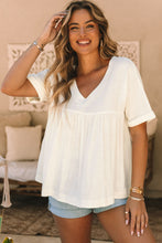 Load image into Gallery viewer, White Frayed V Neck Ruffled Babydoll Blouse | Tops/Blouses &amp; Shirts
