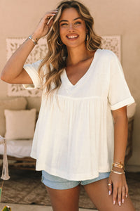 White Frayed V Neck Ruffled Babydoll Blouse | Tops/Blouses & Shirts