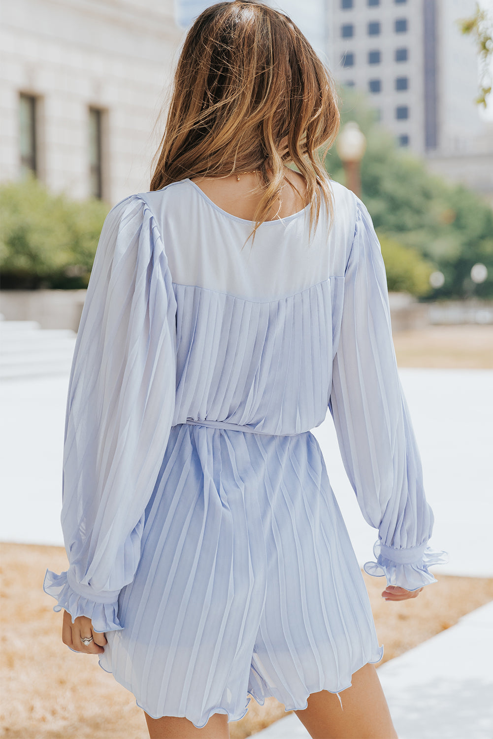 Womens Romper | Sky Blue Pleated Ruffled Tie Waist Buttons V Neck Romper | Bottoms/Jumpsuits & Rompers