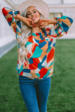 Load image into Gallery viewer, Multicolor Abstract Pattern Crewneck Ruffled Puff Sleeve Blouse | Tops/Blouses &amp; Shirts
