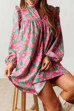 Load image into Gallery viewer, Pink Split V Neck Bubble Sleeve Loose Floral Dress | Dresses/Floral Dresses
