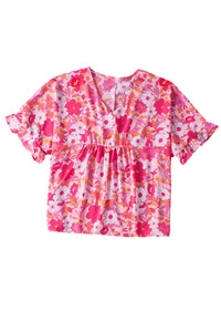 Rose Floral Print Ruffled Half Sleeve Plus Size Babydoll Blouse | Plus Size/Plus Size Tops/Plus Size Blouses & Shirts