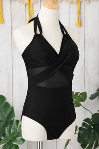 Black Halter Mesh Insert Cross Front One-Piece Swimsuit | Swimwear/One Piece Swimsuit