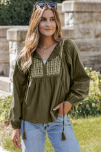 Load image into Gallery viewer, Pleated Loose Blouse | Green Embroidered Split Neck
