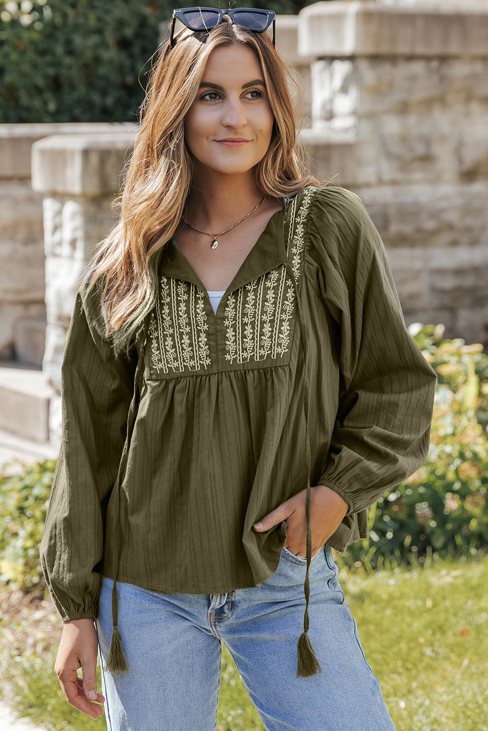 Pleated Loose Blouse | Green Embroidered Split Neck