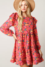 Load image into Gallery viewer, Rose Red Ruffle Shoulder Long Sleeve Floral Mini Dress | Dresses/Floral Dresses
