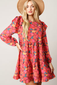 Rose Red Ruffle Shoulder Long Sleeve Floral Mini Dress | Dresses/Floral Dresses