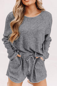 Shorts Lounge Set | Gray Long Sleeve Top and Drawstring