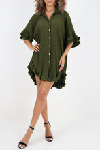 Load image into Gallery viewer, Pleated Shirt Dress | Green High-Low Hem Ruffle Sleeve Dress
