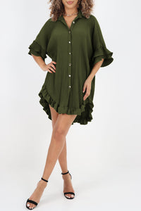 Pleated Shirt Dress | Green High-Low Hem Ruffle Sleeve Dress