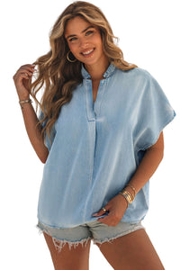 Sky Blue Split V Neck Oversized Denim Blouse | Tops/Blouses & Shirts