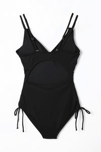 Black Adjustable Straps Ribbed Knit One Piece Swimsuit | Swimwear/One Piece Swimsuit