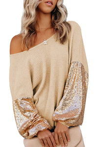 Waffle Knit Top | Apricot Sequin Patchwork Sleeve Open Back