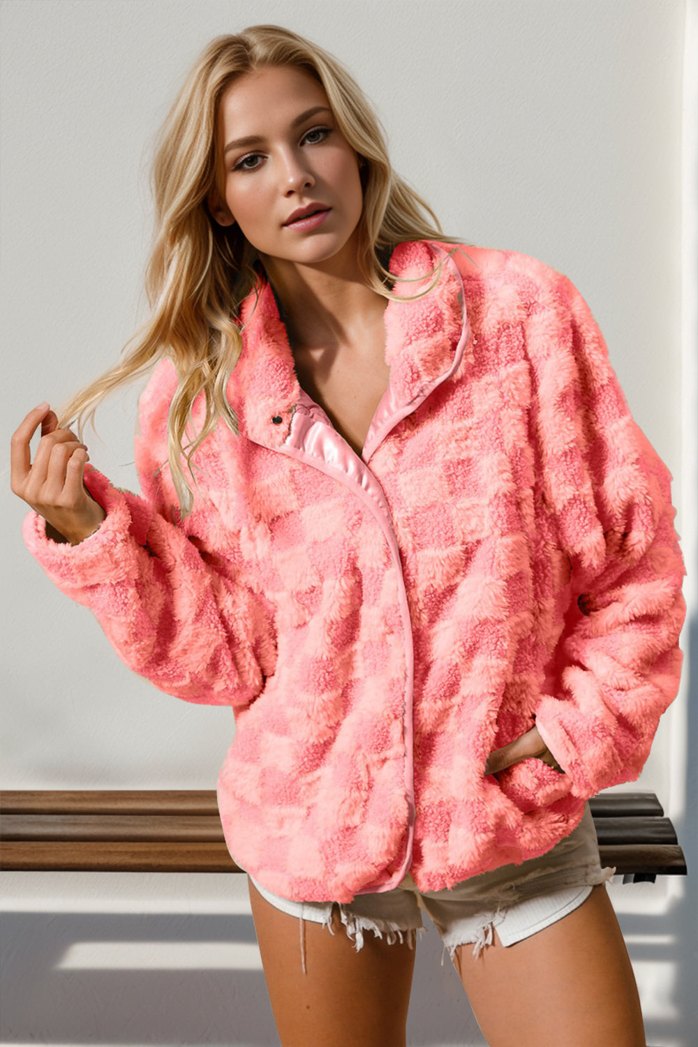 Pink Checkered Fuzzy Jacket