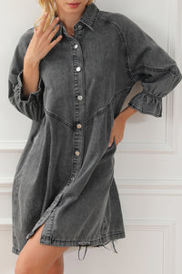 Denim Mini Dress | Gray Buttoned Long Sleeve