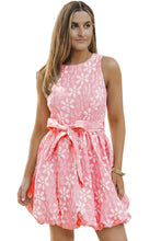 Load image into Gallery viewer, Pink Floral Jacquard Sleeveless Mini Dress with Waist Tie | Dresses/Mini Dresses
