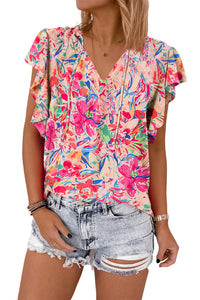 Multicolour Floral Ruffled Sleeve V Neck Summer Blouse | Tops/Blouses & Shirts