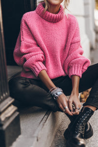 Rose Red Chunky Knit Turtle Neck Drop Shoulder Sweater | Tops/Sweaters & Cardigans