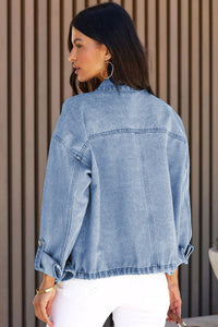 Sky Blue Roll-Up Tab Sleeve Button Down Pocket Denim Jacket | Outerwear/Denim jackets