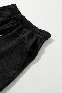 Drawstring Shorts Set | Black Ruffle Split Top and Shorts