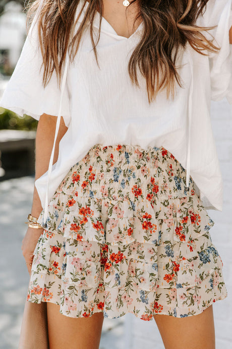 Beige Smocked High Waist Ruffle Tiered Floral Skirt | Bottoms/Skirts & Petticoat