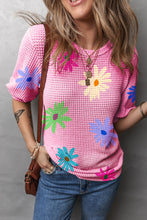 Load image into Gallery viewer, Pink Textured Colorful Floral Print Puff Sleeve T Shirt | Tops/Tops &amp; Tees
