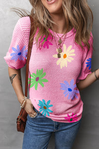 Pink Textured Colorful Floral Print Puff Sleeve T Shirt | Tops/Tops & Tees