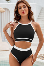 Load image into Gallery viewer, Black Contrast Trim Crisscross Back High Waisted Bikini | Swimwear/High Waisted Swimsuit
