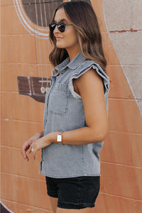 Denim Shirt | Beau Blue Frayed Ruffle Sleeve Top