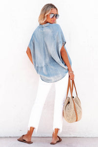 Sky Blue Split V Neck Oversized Denim Blouse | Tops/Blouses & Shirts