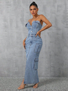 Slit Tube Denim Dress