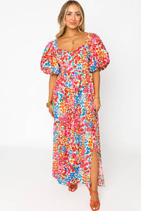 Maxi Dress | Puff Sleeve Thigh High Split Floral Dress