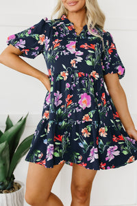 Bubble Sleeve Dress | Black Floral Button Mandarin Collar Dress