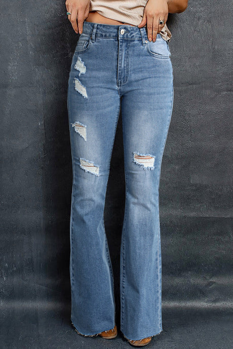 Sky Blue Dark Wash Mid Rise Flare Jeans | Bottoms/Jeans