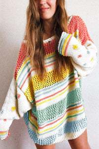 Multicolor Hollow Striped Knit Contrast Sleeve Sweater | Tops/Sweaters & Cardigans