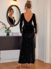 Load image into Gallery viewer, Long Formal Dress | Black Ruffled Plunge Long Sleeve Dress
