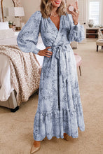 Load image into Gallery viewer, Sky Blue Printed Surplice Neck Bubble Sleeve Maxi Dress with Sash | Dresses/Maxi Dresses
