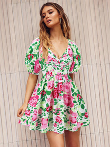 Printed Surplice Short Sleeve Dress | Dress