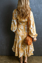 Load image into Gallery viewer, Floral Print Dress | Yellow V Neck Lace Up Bubble Sleeves
