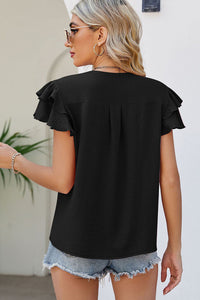 Ruffle Sleeve Top | Black V Neck Short Sleeve Blouse