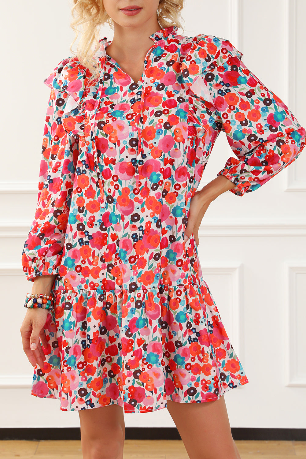 Multicolour Ruffle Split Neck Floral Long Sleeve Dress | Dresses/Floral Dresses