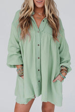 Load image into Gallery viewer, Puff Sleeve Dress | Green Patchwork Crinkle Shirt Dress
