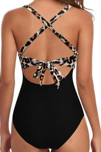 Black Leopard 2-tone Crossed Cutout Backless Monokini | Swimwear/One Piece Swimsuit