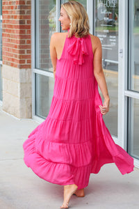 Maxi Dress | Rose Red High Frilled Neck Tiered Sleeveless