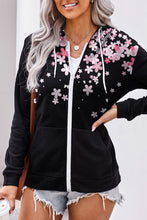 Load image into Gallery viewer, Black Cherry Blossoms Print Pocketed Zipped Hooded Coat | Outerwear/Coats
