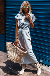 Denim Dress | Beau Blue Short Bat Wing Sleeve Slit Back Dress