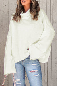 White Expose Seam Turtle Neck Side Slit Oversized Sweater | Tops/Sweaters & Cardigans