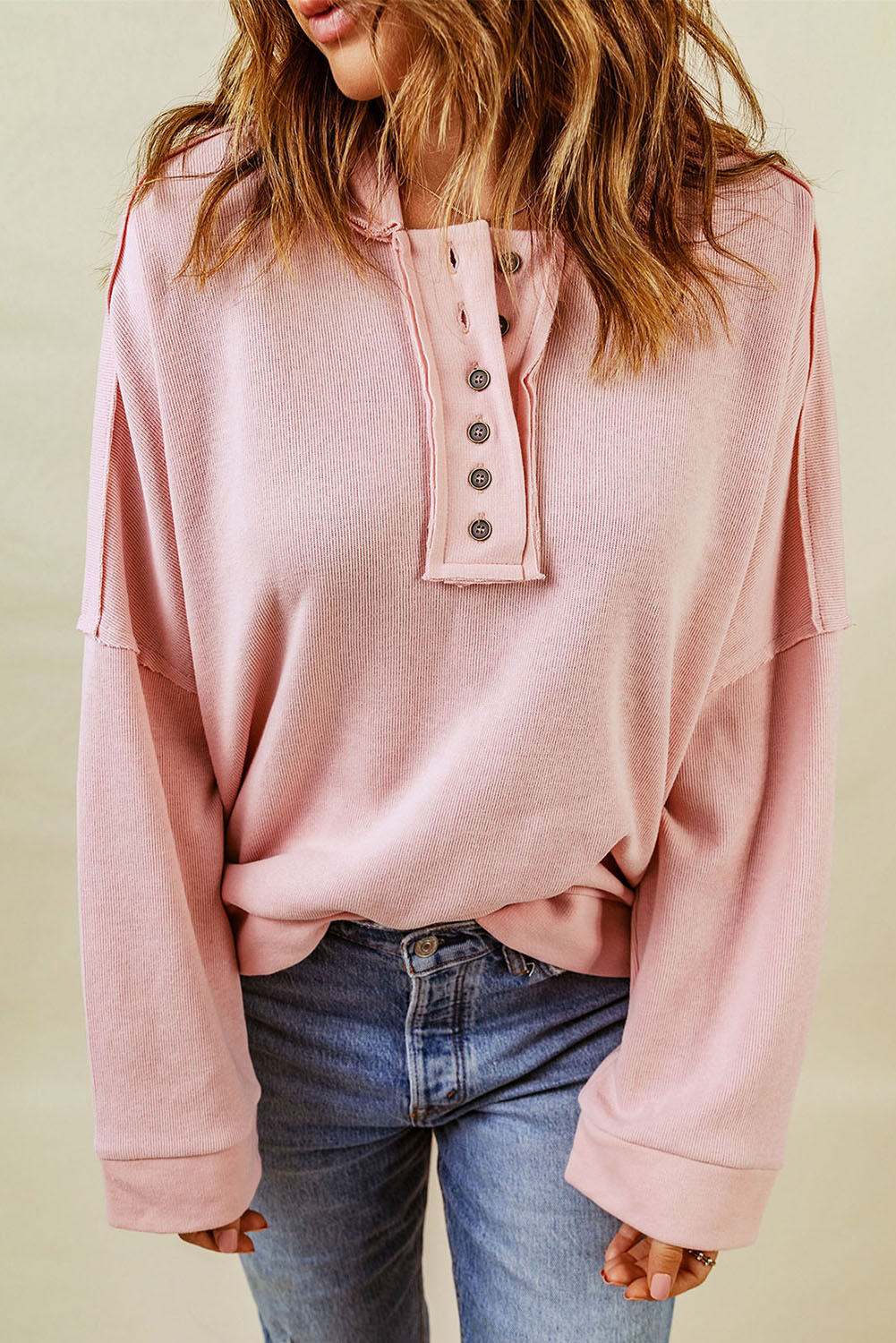 Pink Casual Button Solid Patchwork Trim Hoodie | Tops/Sweatshirts & Hoodies